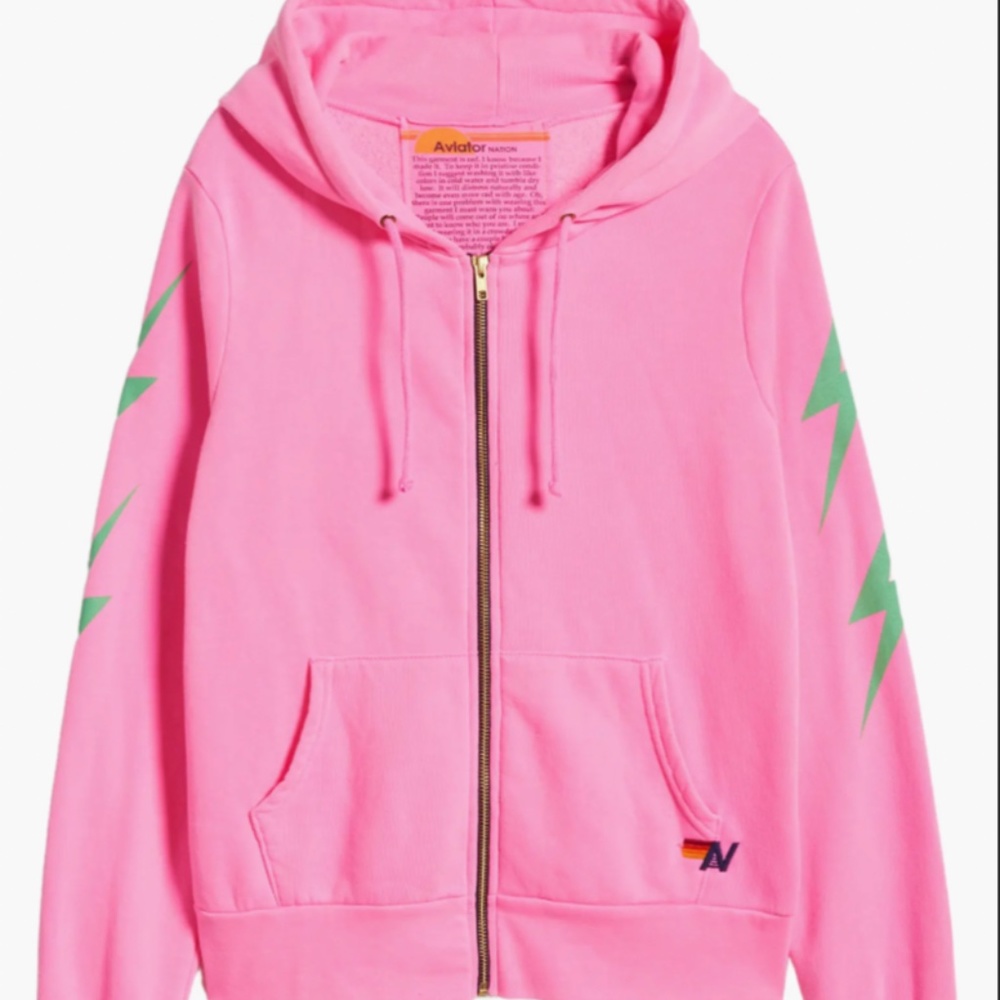 Aviator Nation Bolt 4 Zip Graphic Hoodie - Neon Pink/ Mint NWT
